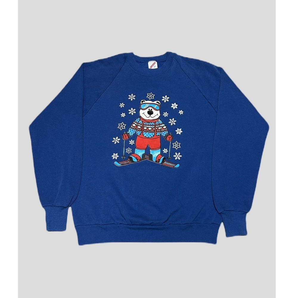Vintage Christmas Jerzees Polar Bear Skiing Graphic Pullover Sweater Men's L